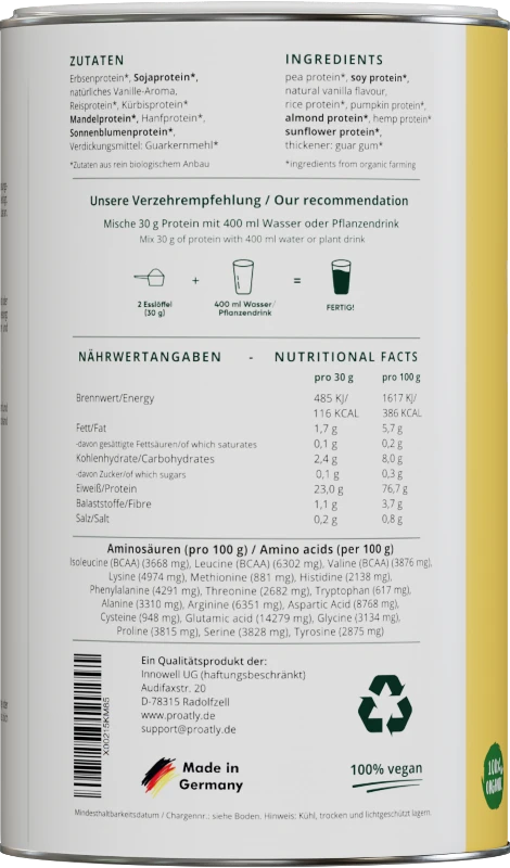 Proatly Veganes Protein Bio Vanilla - 750g – Bild 2
